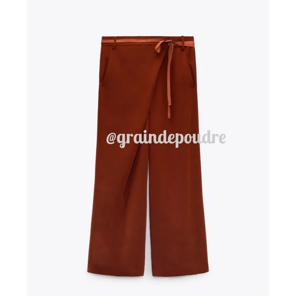 Rare! Zara Caramel Brown Ribbon Tie Pareo Wide Leg Slouchy Pants M L XL - Picture 3 of 7